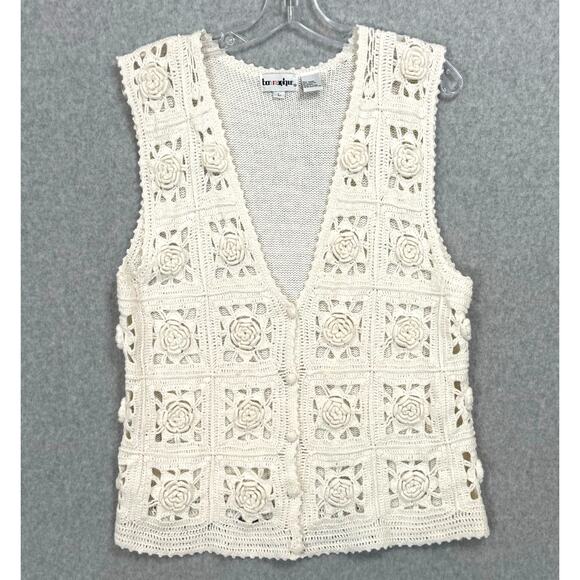 Vintage 90s Crochet Sweater Vest Sz L Cardigan Cottagecore Grannycore Rosette - Picture 1 of 16